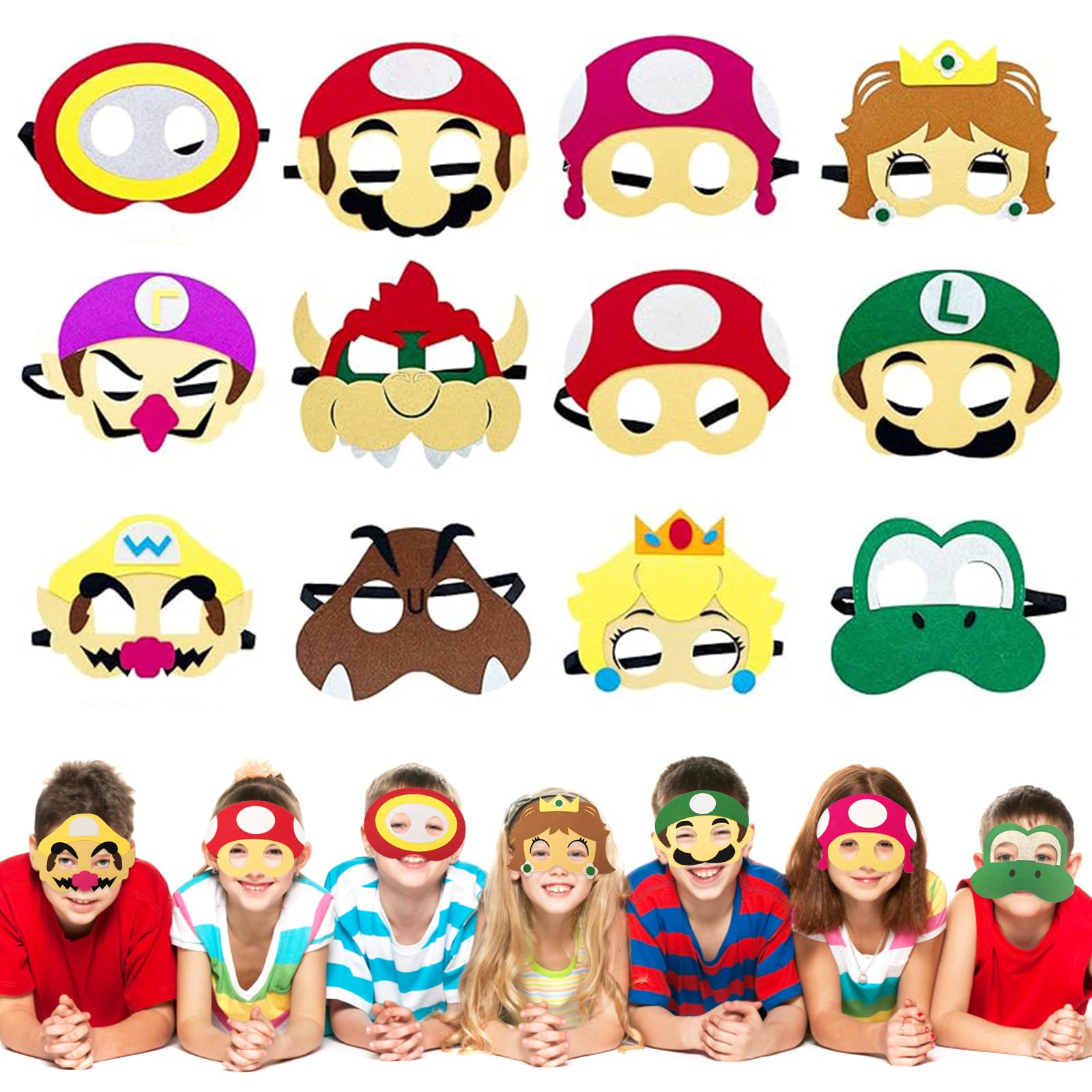 LURICO Pack of 12 Mario Masks, Cosplay Party Masks, Felt Masks, Children's Party Masks, Birthday Eye Mask, Character Masks, Suitable for Children, Masquerade, Halloween Dress Up Party Supplies