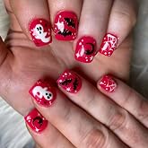 Red Press on Nails Extra Short Square QUNQINLI Halloween Fake Nails Ghost Bat Spider Web Design Full Cover Glossy Artificial Acrylic False Nails Press ons DIY Reusable Glue on Nails for Women 24Pcs