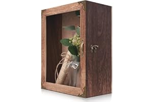 KAASTHAA Shadow Box Frame 11x13, Depth 5in Shadow Boxes Display Cases, Rustic Burnt Wood, Vintage Metal Accents, Acrylic Door, Metal Handle and Latch, Linen Back