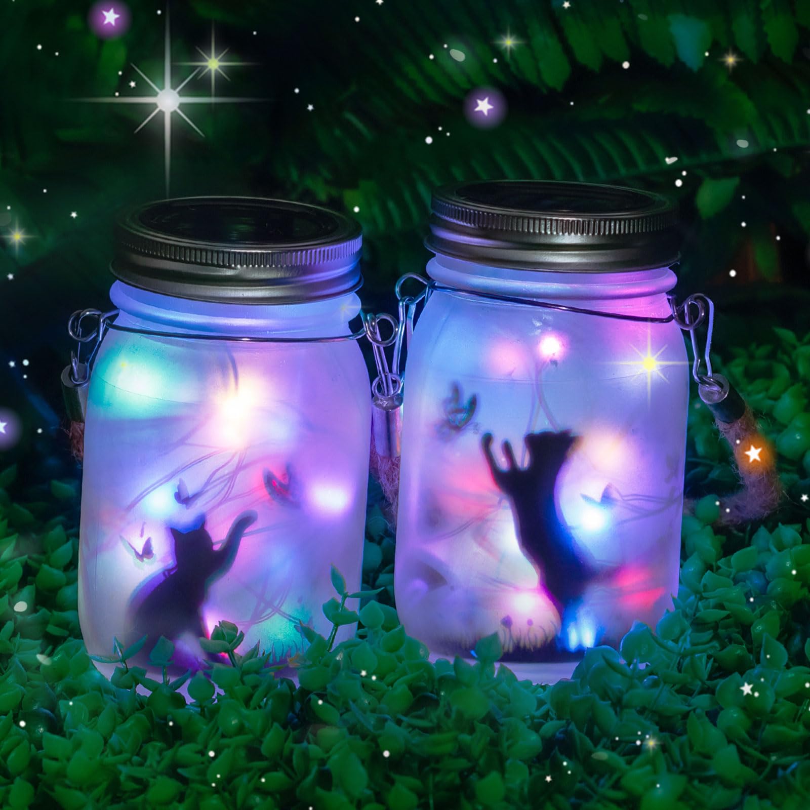 MLOQI 2 Pack Solar Lanterns Outdoor Cat Silhouette,Solar Garden Lanterns Fairy Garden Ornaments Outdoor Mason Jar Lights
