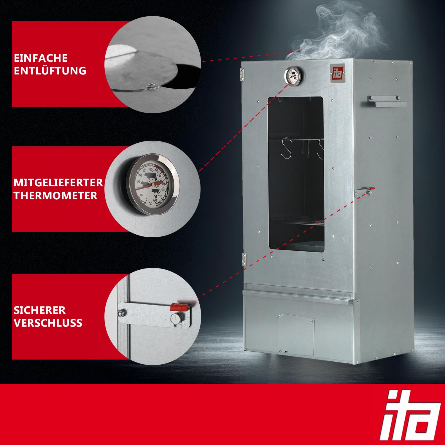 ITA Räucherofen 7000 - Premium Räucherschrank mit 3 Etagen - Legierter Stahl, mit Sichtfenster & Thermometer - EU Qualität Direkt vom Hersteller - Smoker zum Kalträuchern & Heißräuchern 3