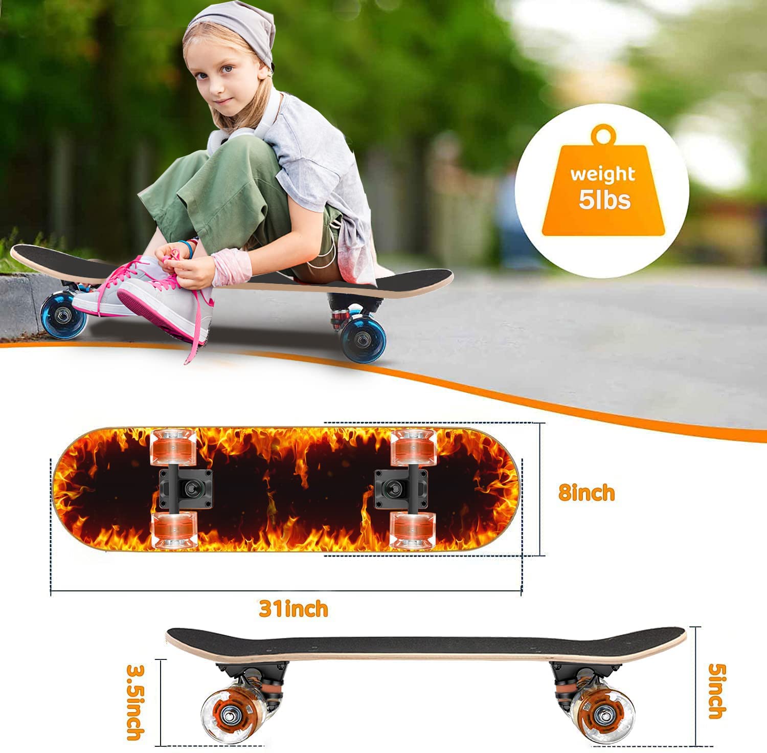 GIEEU Skateboards with Colorful Flashing Wheels for Beginners,Kids,Teens,Adults, Complete Standard Skate Boards 9 Layer Canadian Maple Deck Concave Skateboard