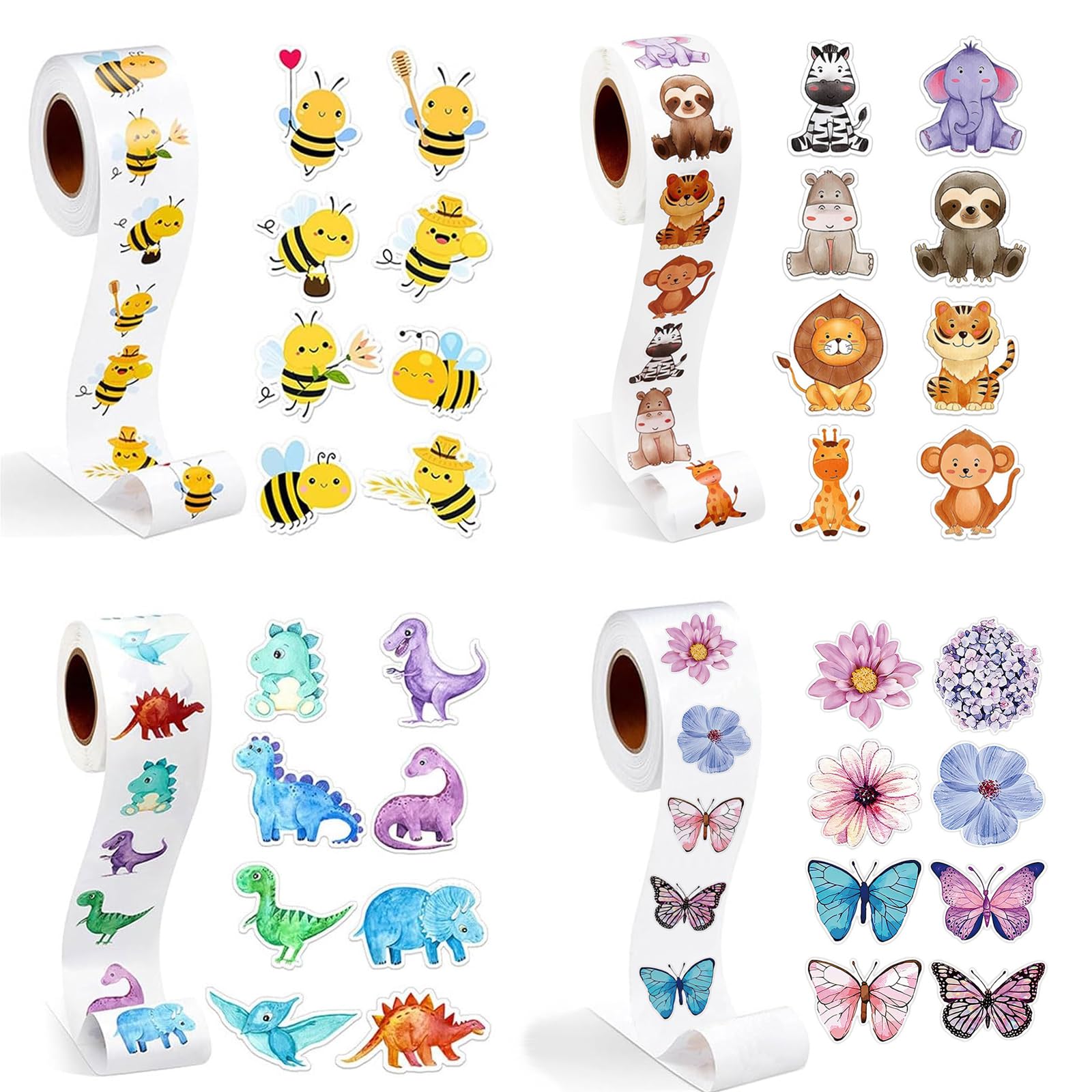 WEDAMOO 2000 Pcs Round Animal Sticker Roll, 32 Designs Reward Stickers, Butterfly Flower Bee Dinosaur Animal Stickers, Bee Stickers Roll for Scrapbooking, DIY Crafts, Luggage(4 Rolls)
