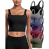 Womens Sports Bras 5 Packs - Square Neck Longline Workout Crop Tank Tops Padded Yoga Camisole with Built in Pads