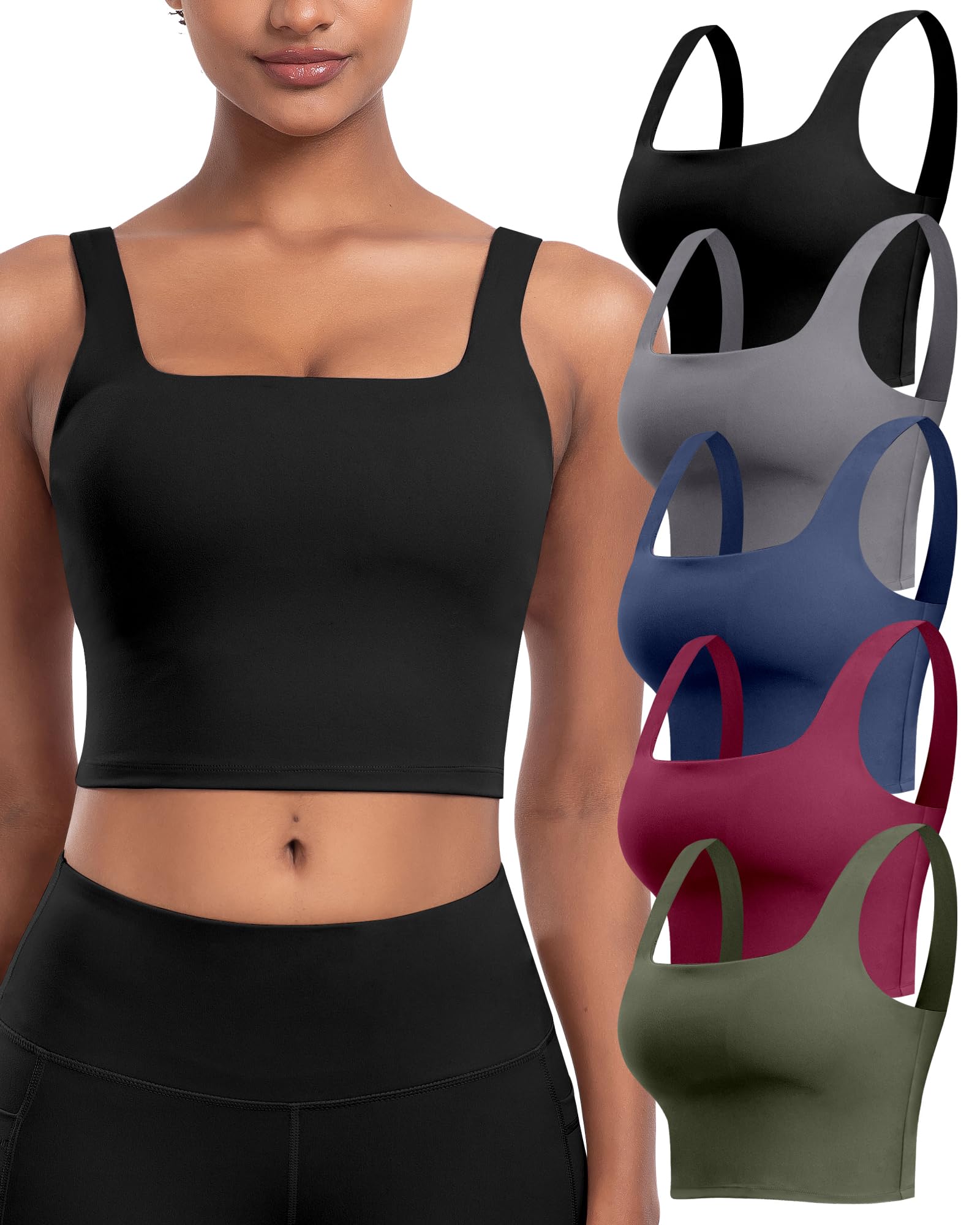 Photo 1 of Womens Sports Bras 3 Packs - Square Neck Longline Workout Crop Tank Tops Padded Yoga Camisole with Built in Pads (BlackDGrayNavyWineJGreen, M)