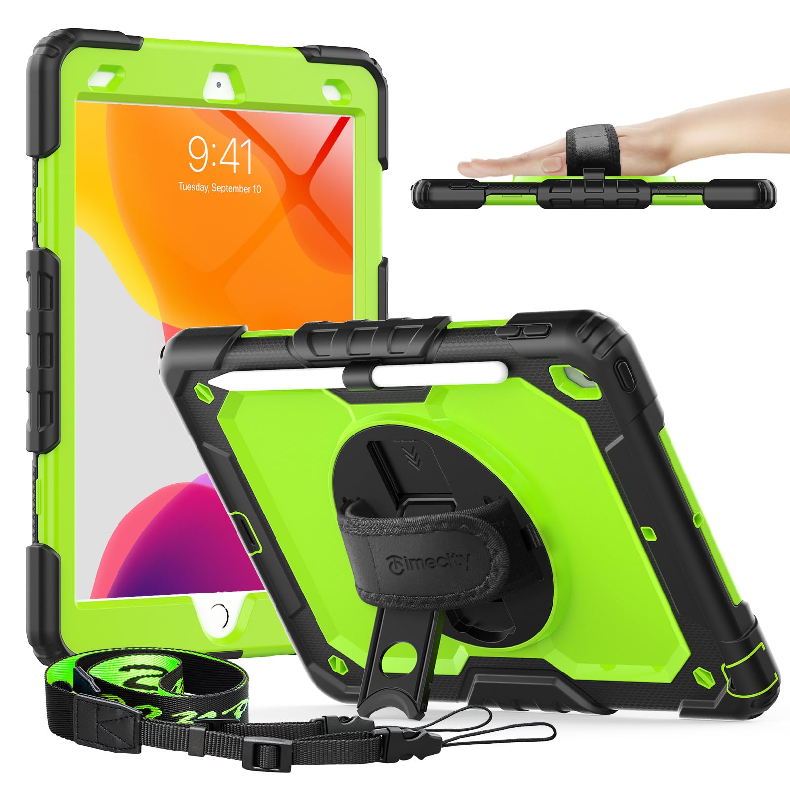 Timecity Case for iPad 9th/ 8th/ 7th Generation 10.2 inch - Heavy Duty Protective Cover with Screen Protector, Rotating Stand, Shoulder Strap & Pencil Holder | Kids-Friendly, Green