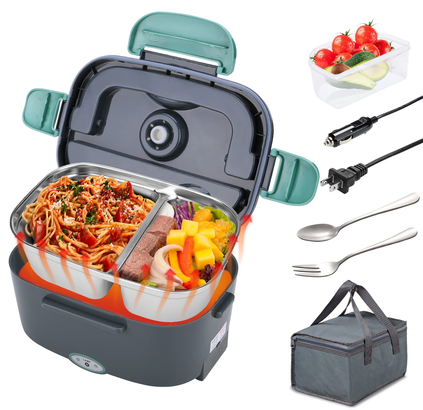 Photo 1 of Kabbas Electric Lunch Box Food Heater with 2 Compartments 70W Leakproof Portable Food Warmer Lunch Box for Adults Car Truck Work, 12/24V&110V Self Heating Lunch Box with 1.5L Removable Container