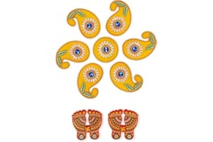 ARTISENIA Diwali Acrylic Rangoli with Laxmi Charan | Paisley Shape Yellow Floor Decoration with Studded Stones & Sequins | 10x10 Inch Rangoli + 2x2 Inch Laxmi Pagla | Traditional Festive Home Décor