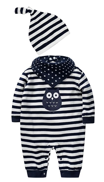 SANMIO Newborn Baby 3 Pcs Strampler Spielanzug Baumwolle Langarm Bodysuit Unisex Kleinkinder Streifen Jumpsuits mit Hut & Gei