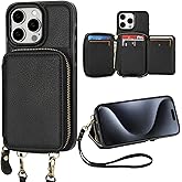 Bocasal RFID Blocking Wallet Case for iPhone 15 Pro Max, Adjustable Crossbody Zipper Purse with Kickstand and Detachable Wrist Strap, PU Leather Flip Folio Case 6.7 Inch 5G (Black)