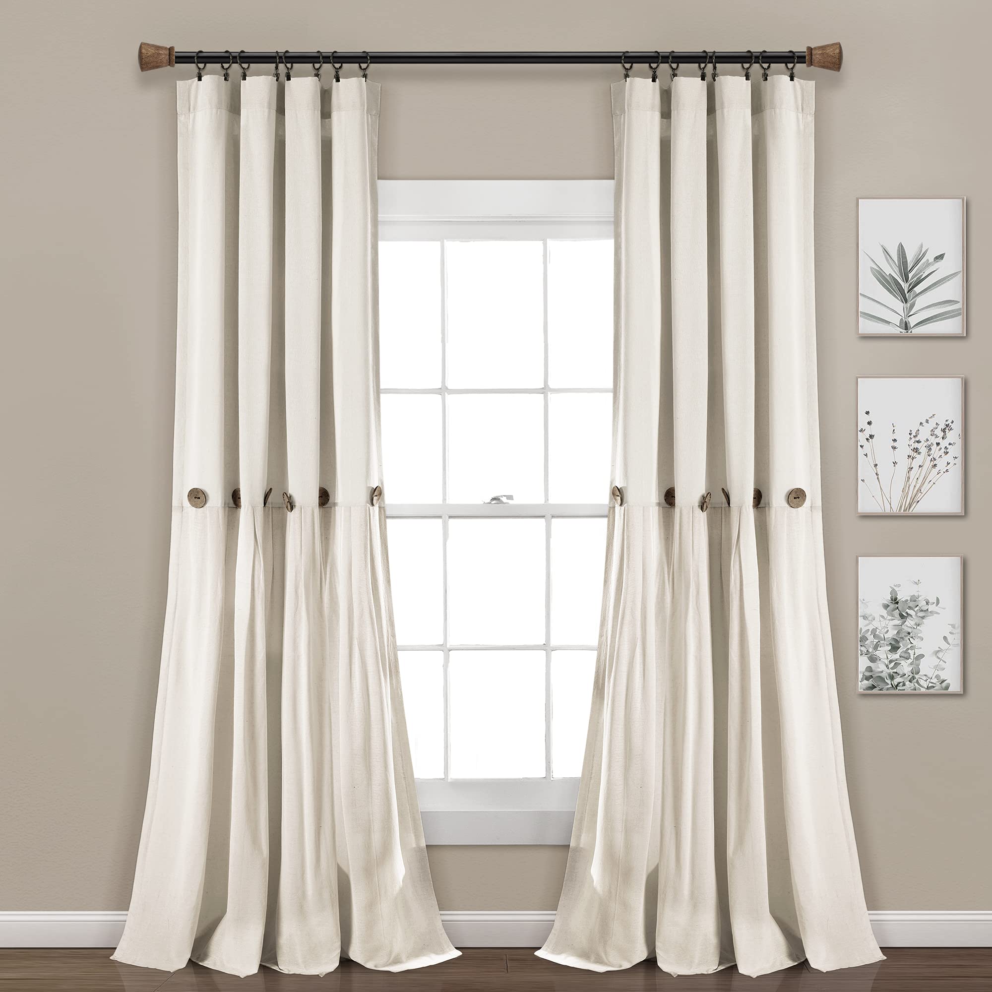 Lush Decor Linen Button Window Curtain Panel, Single, 40" W x 108" L, Off White - Country Curtains - Rustic Decor - Color Block Modern Farmhouse Curtains For Living Room, Bedroom & Dining Room
