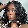 Wear and Go Bob Wig Human Hair Deep Wave Glueless Wigs Pre Plucked Pre Cut 4x4 Lace Closure 180% Density Ready to Wear Bob Wigs for Black Women Beginner Friendly (Curly Bob Wig, 12inch)