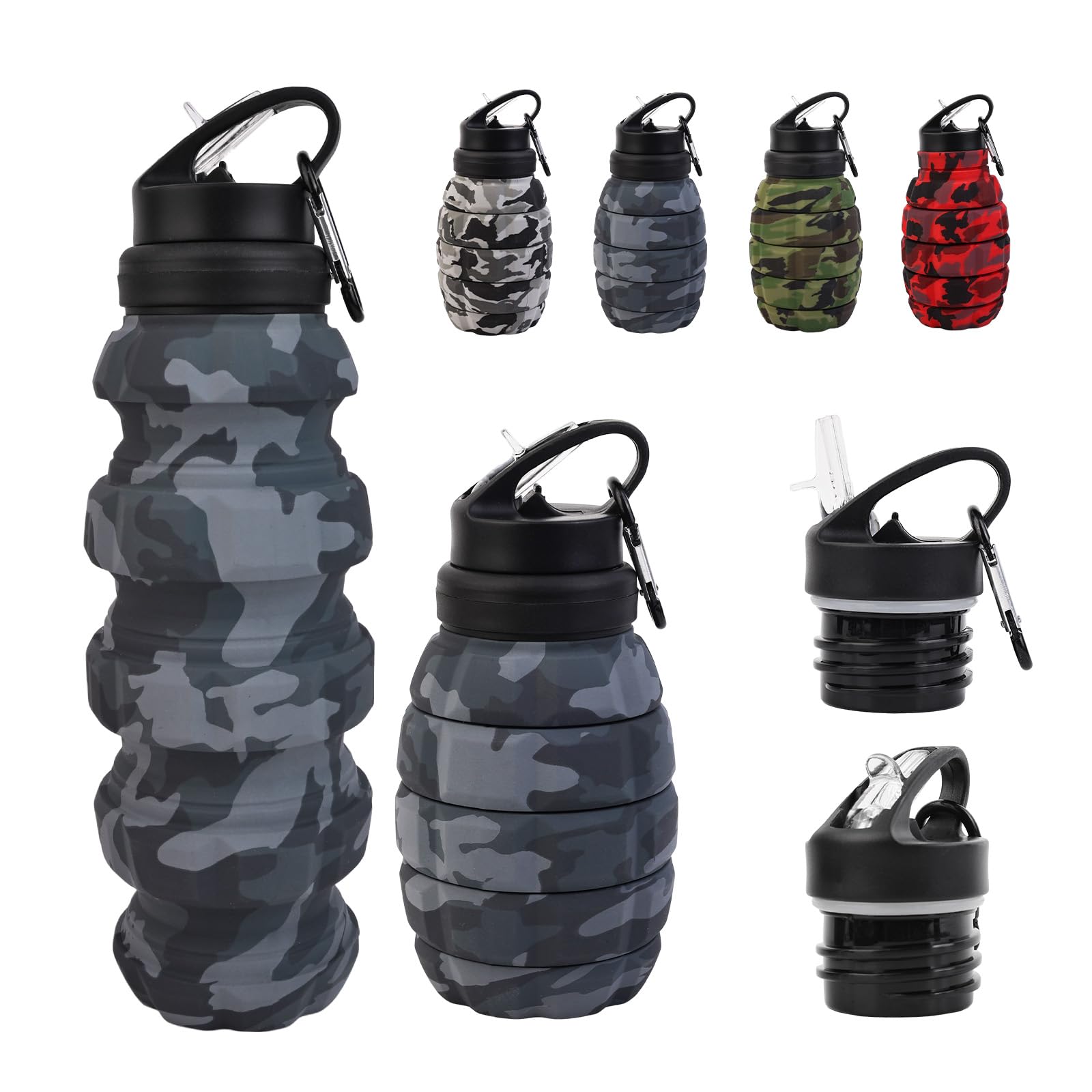 KUNHANG Collapsible Travel Water cycling Bottle, Reuseable Silicone Foldable Water Bottles for Gym Camping Hiking, Portable Leak Proof Sports Water Army camouflage Bottle with grenade Carabiner
