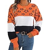 ShawGobow Star Sweater,Color Block Crew Neck Fall Sweaters for Women,Cute Long Sleeve Knit Tops
