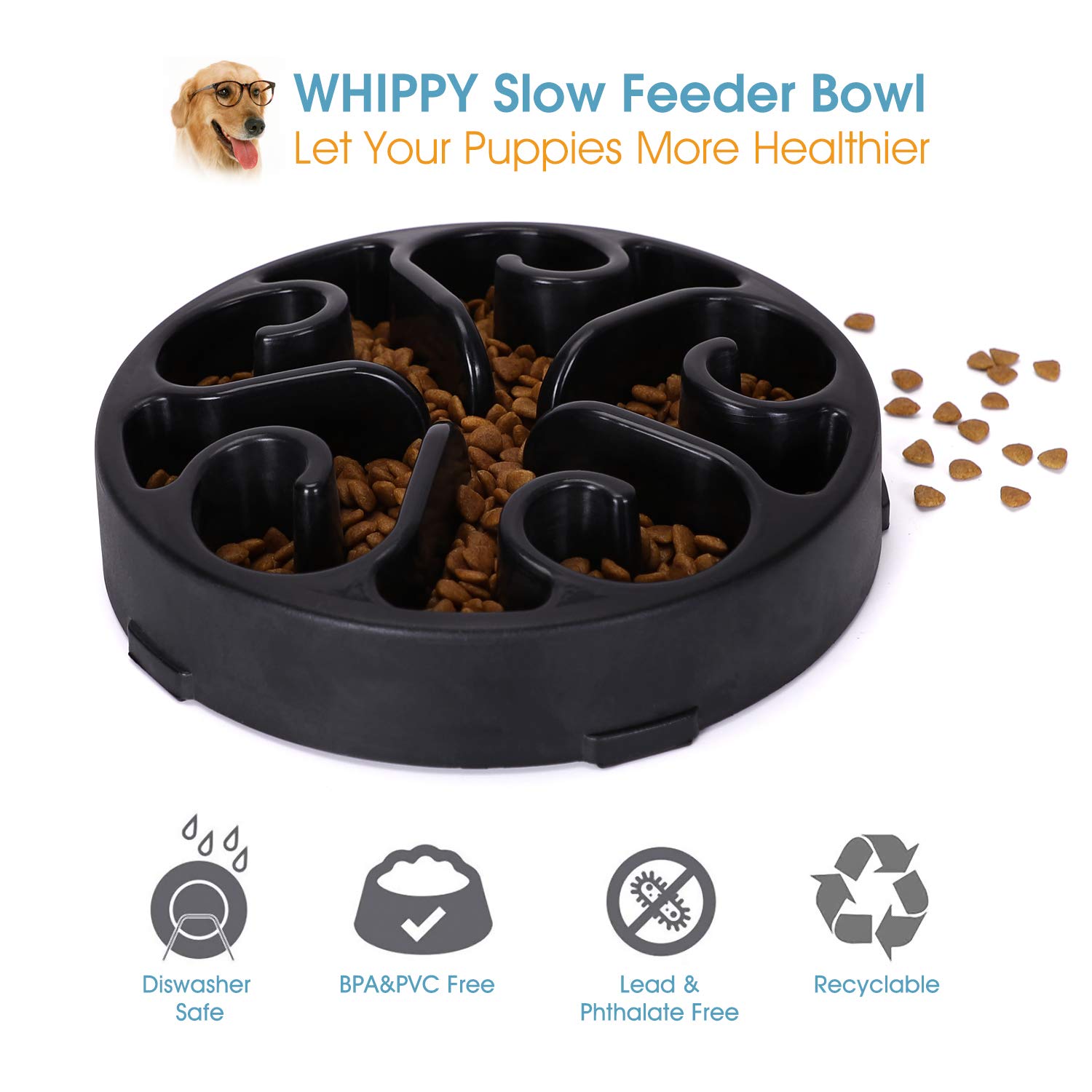 Whippy Fun Slow Feeder Dog Bowl, Upgrade Non Slip Puzzle Bowl Fun Feeder Interactive Bloat Stop Dog Bowl (Black, 1.5-2 Cup)