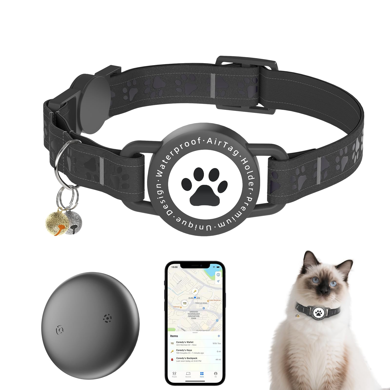 Photo 1 of Cat Tracker Collar Waterproof - Cat Collar Breakaway - Smart Pet Activity Tracker - Breakaway Tractive with Reflective Pattern - Comfortable Padding, Adjustable (Black)