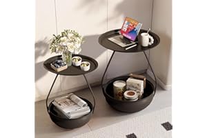 LXSEHN Modern Round Nesting Coffee Table Set of 2 Black, Metal Circle Side Table with Storage Basket for Living Room, Bedroom, Balcony, Office and Small Space