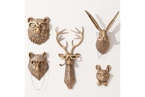 Joogour Head Wall Mount Decor,Resin Animal Sculptures，Art Deco Wall Hanging Decoration for Living Room Bedroom Officeroom Gift (Set of 5)