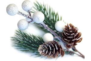 OLYPHAN White Christmas Berries/Berry Stems w. Pine Branches & Artificial Pine Cones/White Holly Spray/Wreath Picks for Winter Decor, Holiday Crafts, Xmas Decorations/Decorative Pick (Snow)