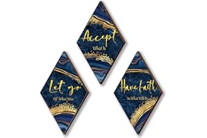 ONIZHITY 3Pcs Blue And Gold Bathroom Decor Gold Wall Decor with Accept Let Go Have Faith Quote Rustic Vintage Farmhouse Wooden Hanging Signs for Women Home Laundry Living Room Bedroom(Blue Gold 12x7)