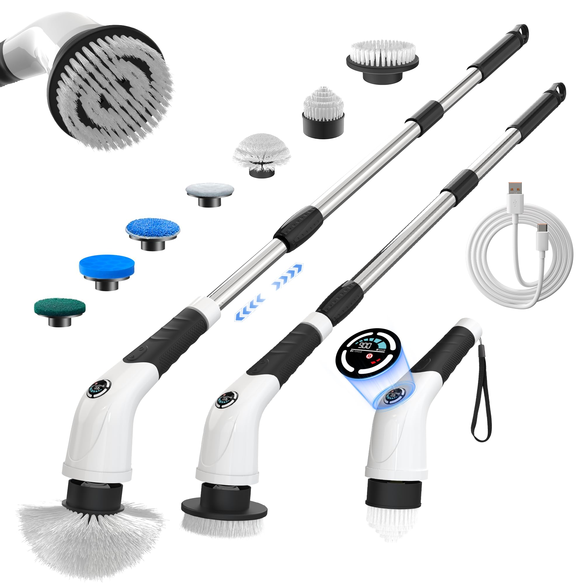 Photo 1 of Electric Spin Scrubber,Cordless Cleaning Brush, 3-Speed,7 Replaceable Brush Heads & Long Detachable Handle, LCD Display Shows RPM/Torque/Battery, for Bathroom, Kitchen, Tile