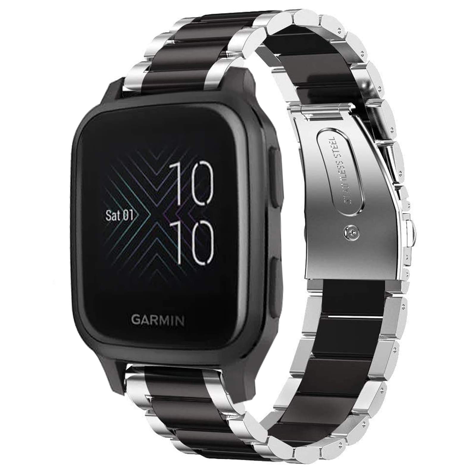 lvbu Compatible with Garmin Venu Sq Bands, Stainless Steel Metal Replacement Strap Bracelet Compatible with Garmin Venu Sq Smartwatch (Silver-Black)