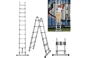 ANSIMIDA A-Frame Telescoping Ladder 12.5 Feet Aluminium Folding Extension Ladder, 3.8m Collapsible Ladder 330 LBS Capacity w/Stabilizer Bar & Locking Mechanism, for Home Office Loft Use