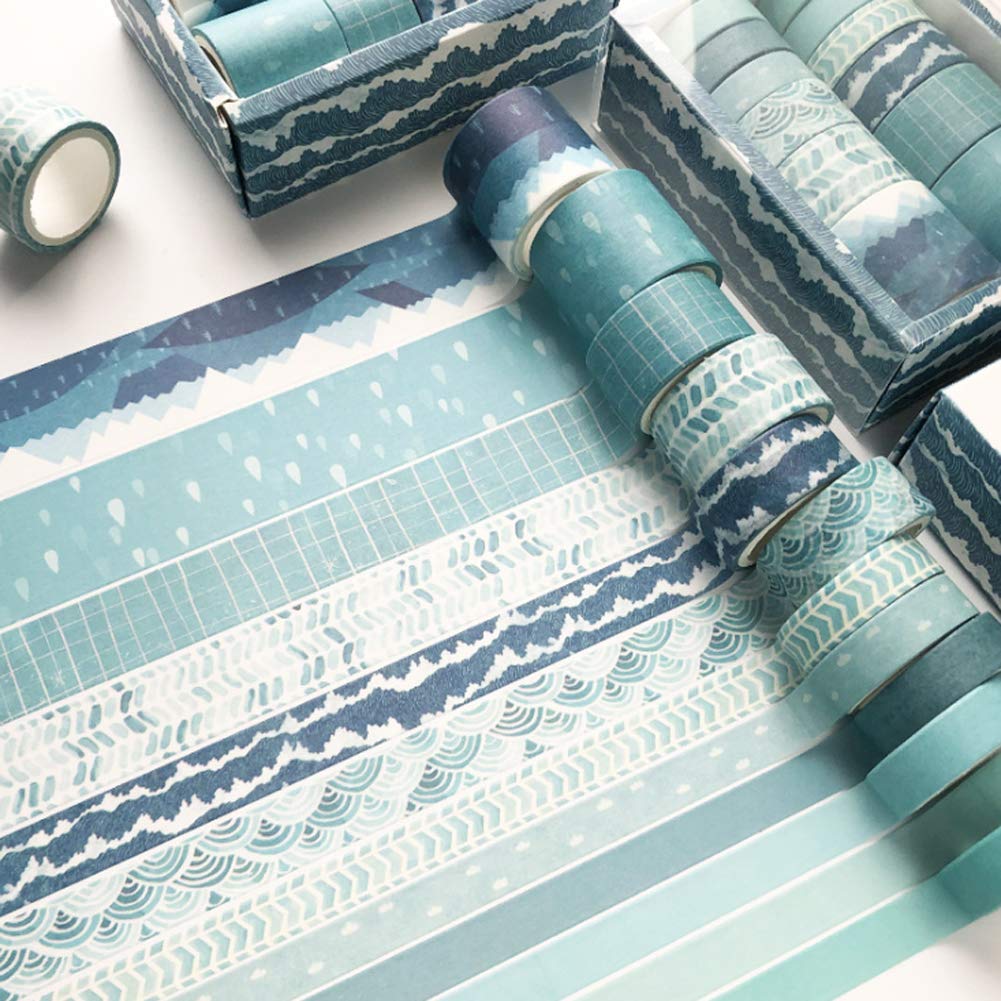 Sofecto 12 Rolls With 4 Sizes Washi Tape Set, Washi Masking Tape Colorful Decorative Writable Tape for Craft, Scrapbook, Bullet Journal, DIY, Gift Wrapping(10/15/20/30mm) (LightBlue)