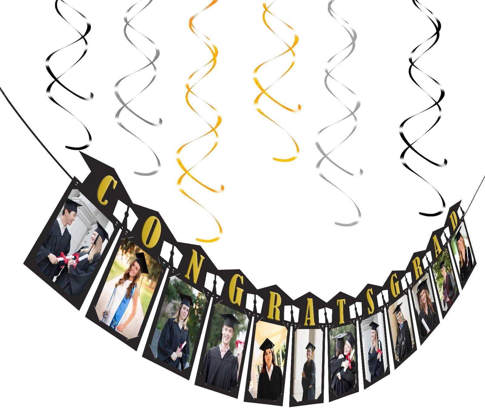 KATOOM Graduation Photo Banner Congrats Grad Photo Banner Garland with Photo Flag Party Bunting with 6 Pcs Hanging Swirls Decoration for Graduation Party Supplies