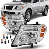 Headlight Compatible with 2008 2009 2010 2011 2012 Nissan Pathfinder | OE-Style Replaces NI2502171 NI2503171, Clear Lens Ligths w / Bulbs, Pair Driver and Passenger, Chrome Housing Amber Reflector