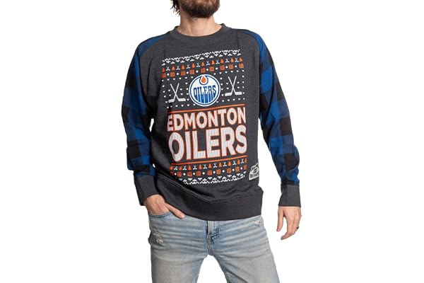 Calhoun NHL Surf & Skate Men's Ugly Christmas Team Logo Buffalo Plaid Raglan Sleeve Lightweight French Terry Sweater