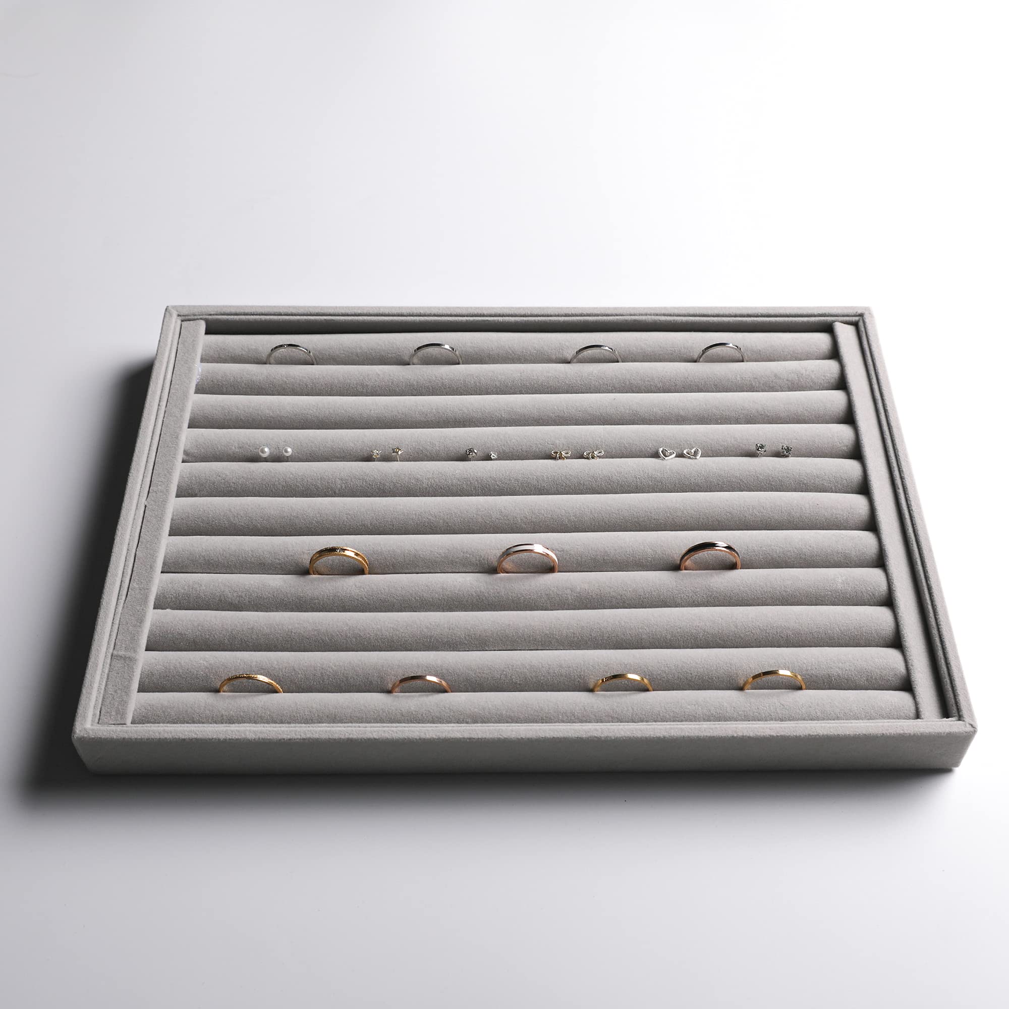 Stackable Velvet Jewelry Organizer Trays for Drawers Inserts Jewelry Storage Tray Display Case Earrings Bracelets Necklace Rings Accessories Trays for Women Girls(Set of 4)(Grey).