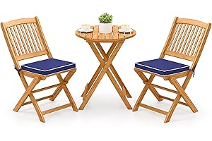 Tangkula 3 Pieces Acacia Wood Patio Folding Bistro Set, Outdoor Table and Chairs Set with Soft Cushions, Patio Furniture Set for Porch, Balcony, Garden, Deck and Backyard