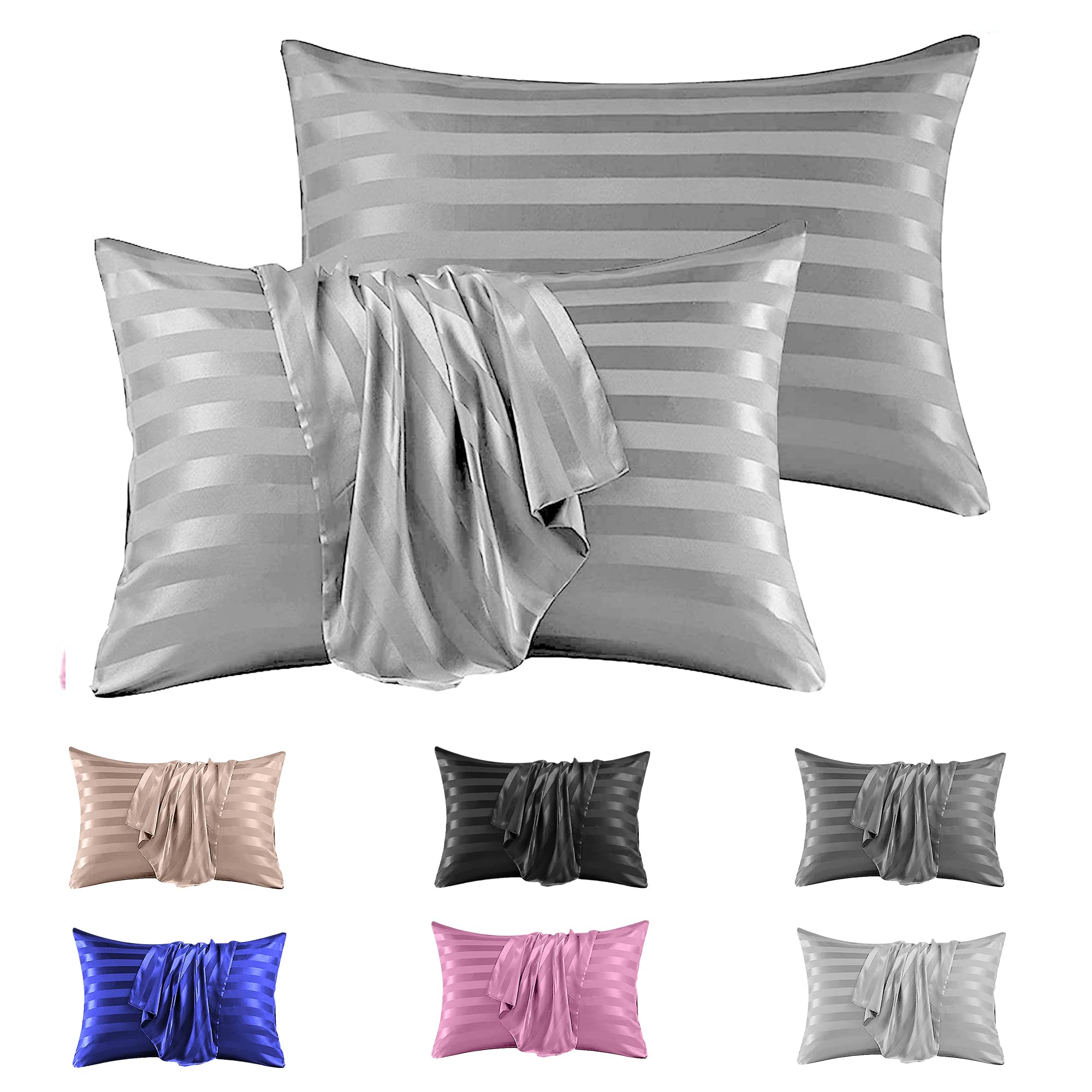 Silk Pillowcase Stripe Satin Pillowcase 2 Pack - Luxurious Satin Pillow Cases 50 x 75 cm for Hair and Skin Care, Envelop Enclosure Pillowcases Set (Silver Grey 2 Pcs)