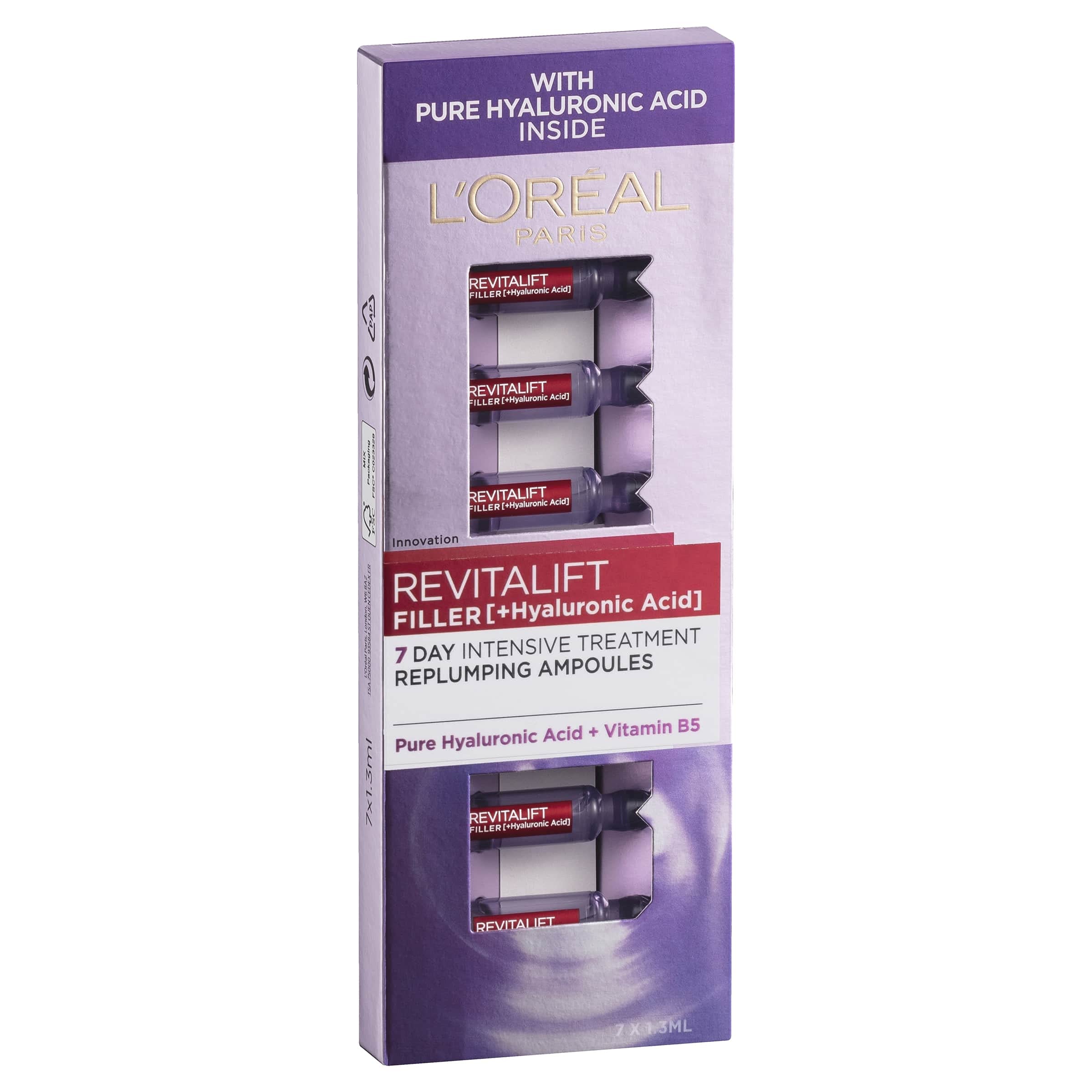 L'Oreal Paris Revitalift Filler Replumping Hyaluronic Acid Ampoules, Intensive 7-Day Treatment To visibly Smooth, Replump Skin & Reduce Fine Lines, 7 x 1.3ml