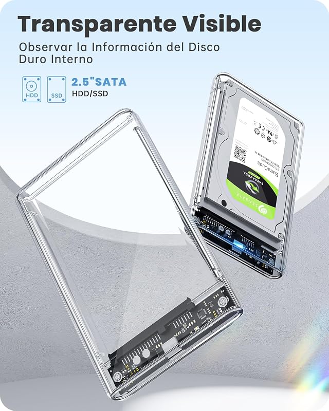 Carcasa Disco Duro 2,5, 6Gbps USB C 3.1 Gen 2 Caja Disco Duro para HDD SSD SATA I/II/III de 7mm y 9.5mm de Altura con Cable USB, Sopporta UASP&TRIM, no Requiere Herramientas-Transparente Caja