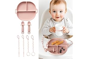 YIVEKO Baby Plates with Suction Silicone Baby Spoons Divided Baby Plates Silicone Baby Safety Toy Straps Baby Bottle Bungees Baby Feeding Set All-in-one-Blush