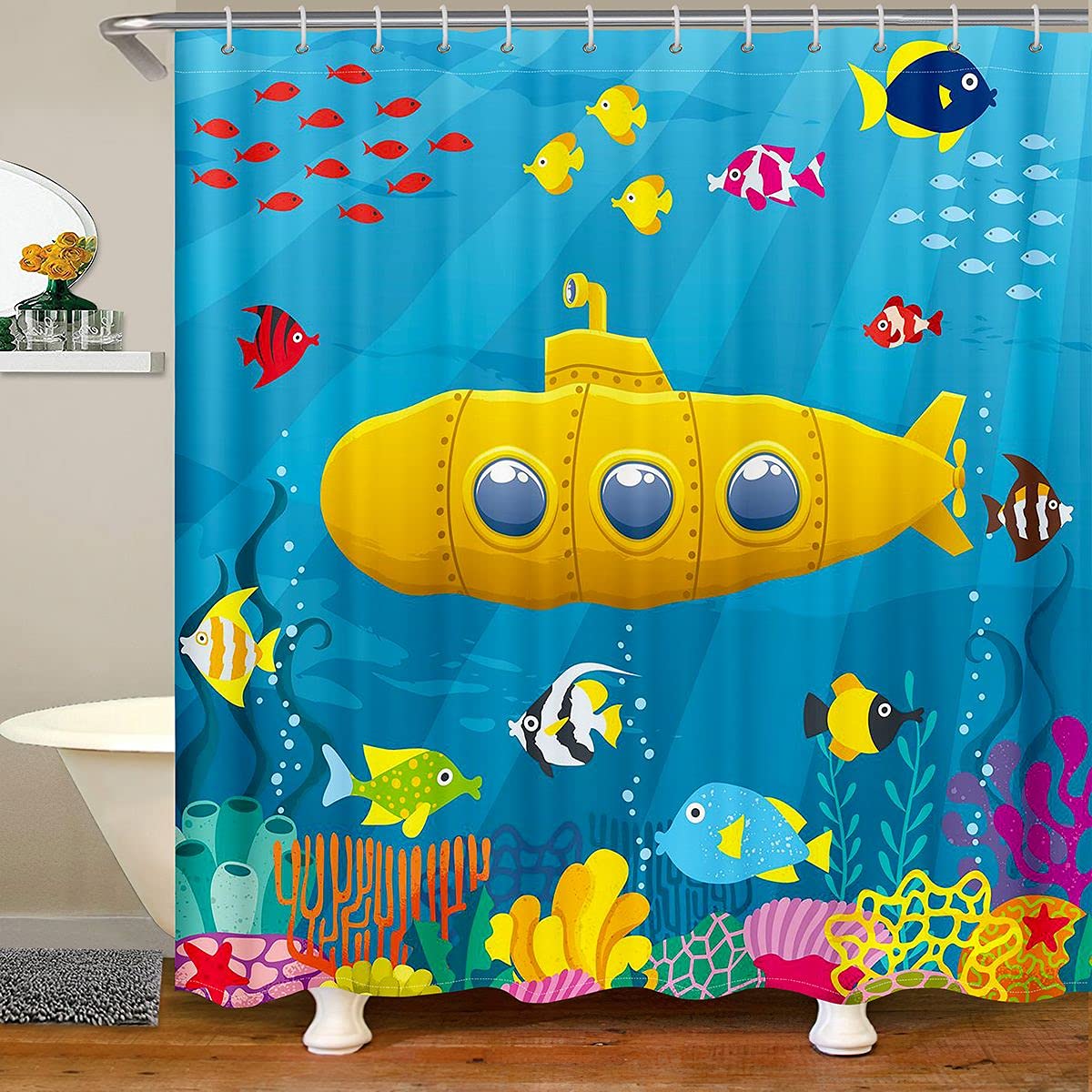 Loussiesd Submarine Shower Curtain Kids Teens Cartoon Yellow Submarine Bath Curtain with 12 Hooks Bathroom Decor Underwater World Shower Curtain Set for Stalls Bathtubs 59x71 Inch
