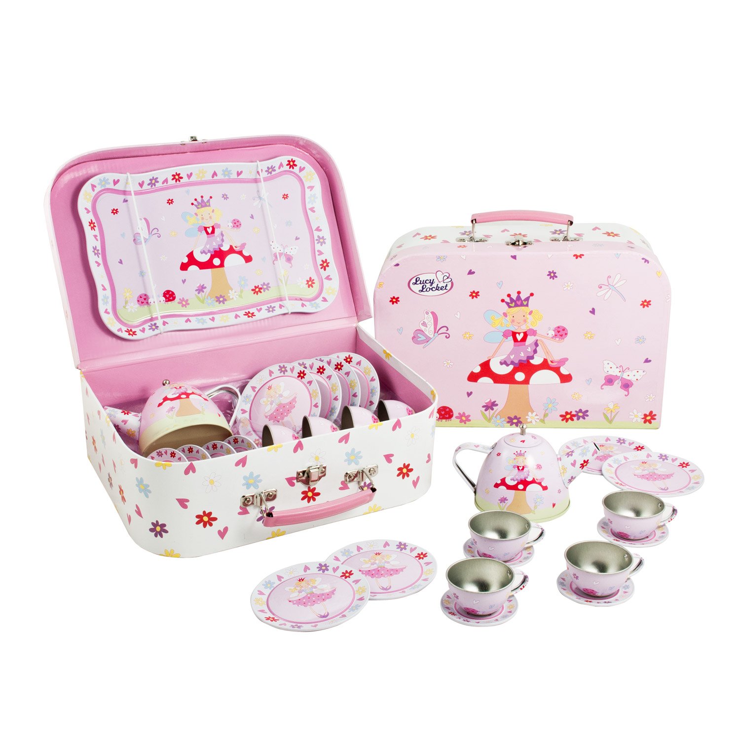 Lucy Locket Fairy Tale Tin Tea Set & Carry Case Toy (14 Piece Kids Tea Set) Pink