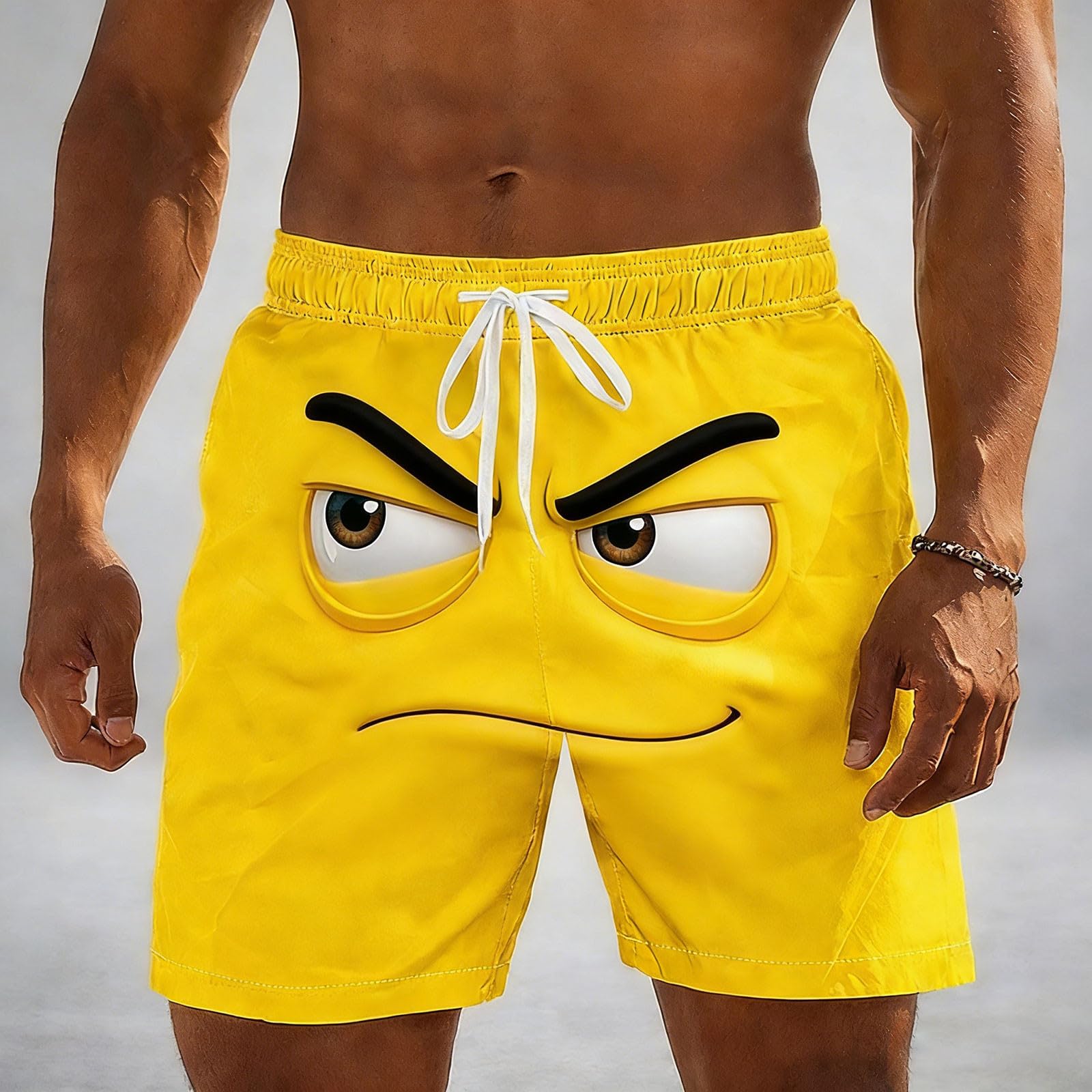 Mens Swim Trunks Funny Face Summer Beach Board Shorts Drawstring Elastic Waist Running Shorts Cute Casual Swimwear