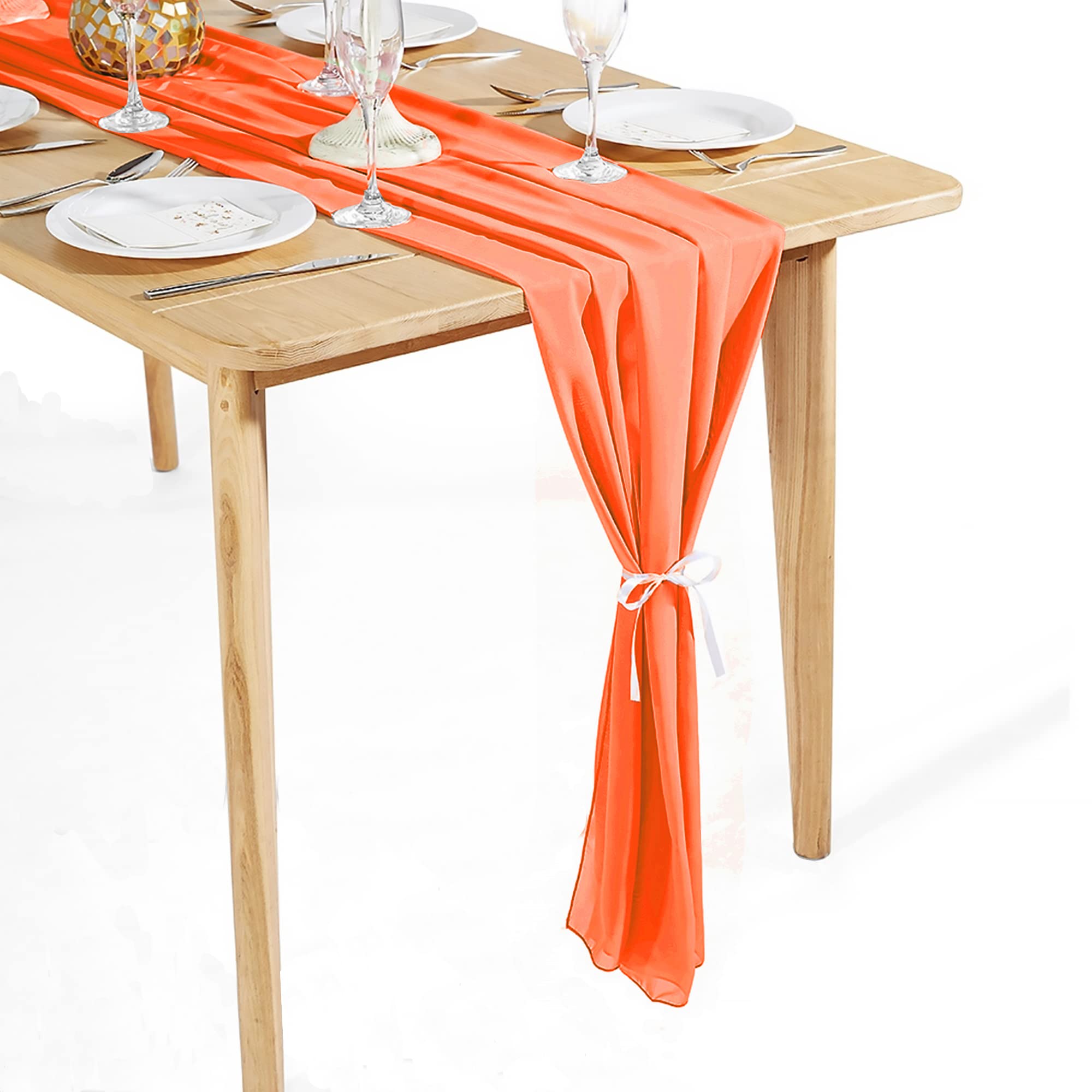 Time to Sparkle 2PCS 10FT Chiffon Table Runner Wedding Decor 28x120 inches Gauze Table Runner Rustic Sheer Table Decor for Romantic Bridal Shower Baby Shower Birthday Party Orange