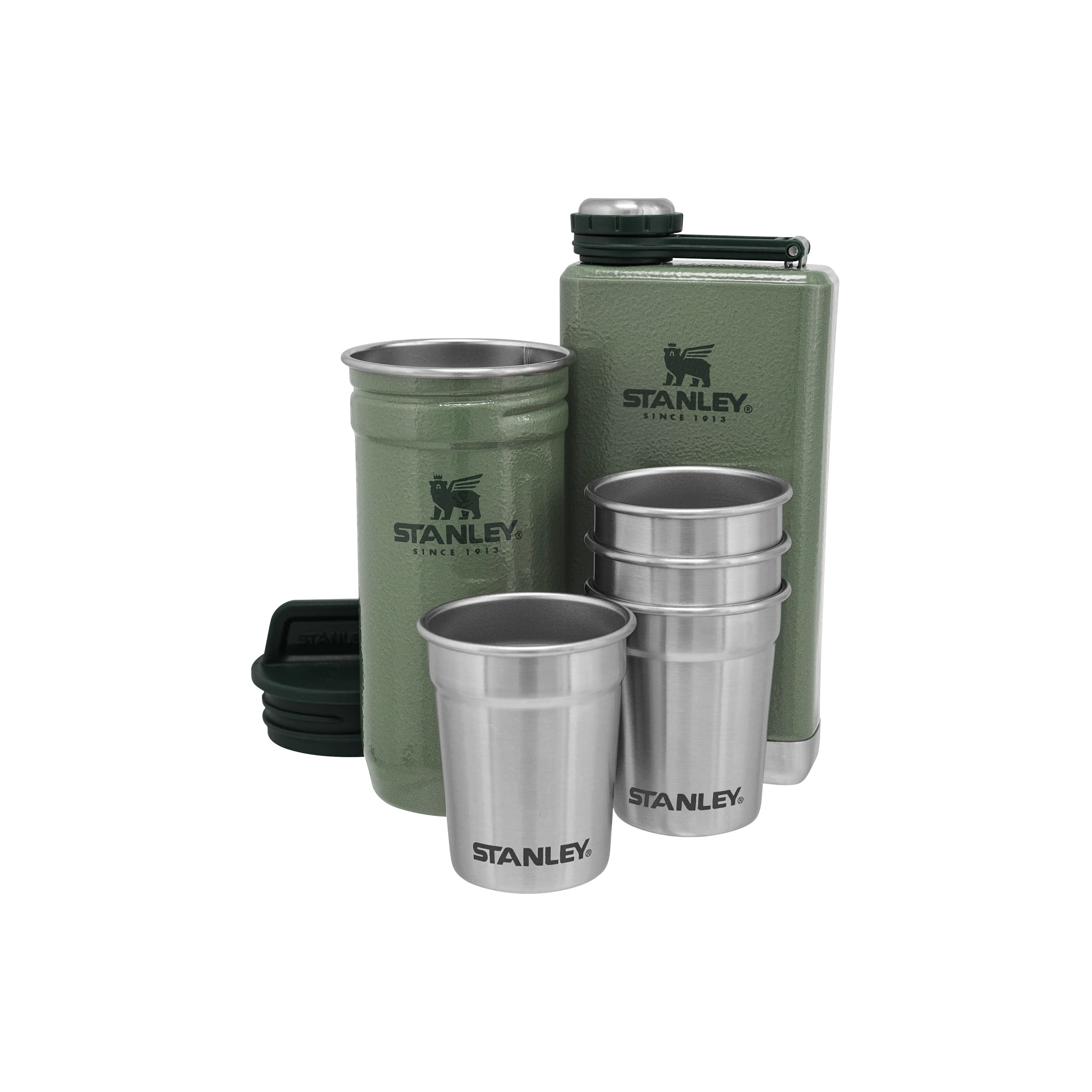 Stanley 1913 Adventure Pre-Party Shot Glasses Set + Hip Flask - BPA-Free Stainless Steel Flask - Alcohol Gifts - Dishwasher Safe - Hammertone Green