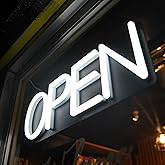 HiNeon White Neon Open Sign 20inx7in LED Light w/Remote Controller, Electric Light Up Open Sign for Business Store, w/Hanging Chain for Shop Windows, Direct Plug-In w/ 12V Power Adapter