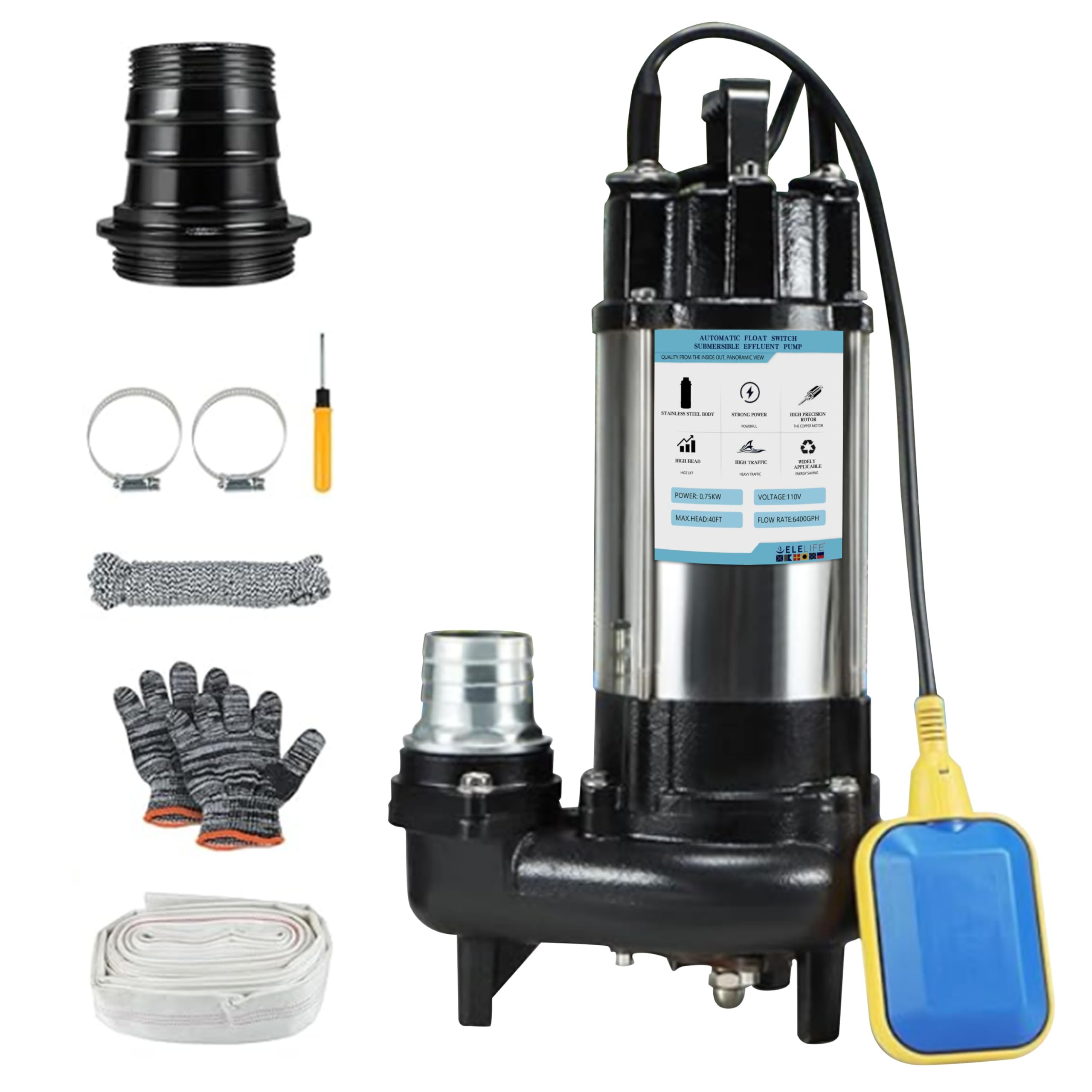 Photo 1 of 1HP Sewage Grinder Pump Submersible Effluent Pump, Sump Pump 110V 6400GPH with Automatic Float Switch,Stainless steel body and reamer.2'' NPT Discharge for Basement, Sump Basin.