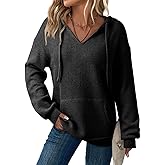Dokotoo Womens Hoodies Oversized Sweatshirts Ribbed Knit Long Sleeve Drawstring V Neck Casual Pullover Sweatshirt Hooded Tops