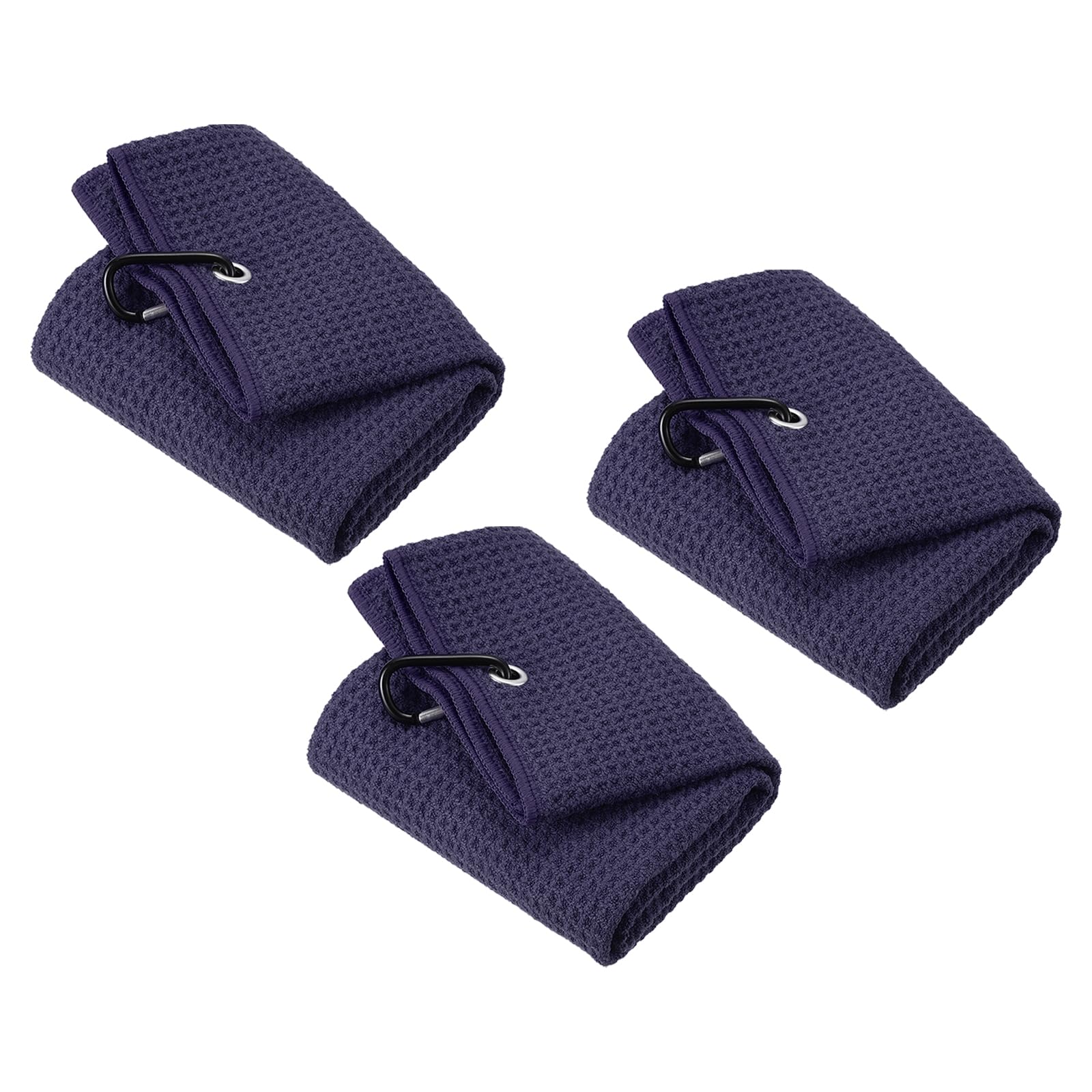 PATIKIL 12"x12" Tri-Fold Golf Towels, 3 Pack Waffle Pattern Towels Soft Fiber Strong Water Absorption with D Clip for Golf Lovers, Navy Blue