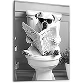 Deveosa Funny Bathroom Wall Art - Dog On Toilet Unique Cool Black And White Artwork For Restroom Paintings Animal Canvas Sings Decor Pictures Decorations 12x16inch