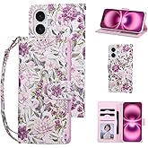 UEEBAI Wallet Case for iPhone 16, PU Leather Phone Cover Kickstand RFID Blocking Flip Case Card Slots Wrist Strap Relief Engraved Pattern Magnetic Closure Flower Folio Wallet, Violet