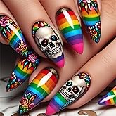 Halloween Press on Nails Skull Medium Almond False Nails 24Pcs Flower Stick on Fingernails Glossy Rainbow Line Acrylic Fake Nail Day of the Dead Gel Glue on Nail for Coquette Women Girls