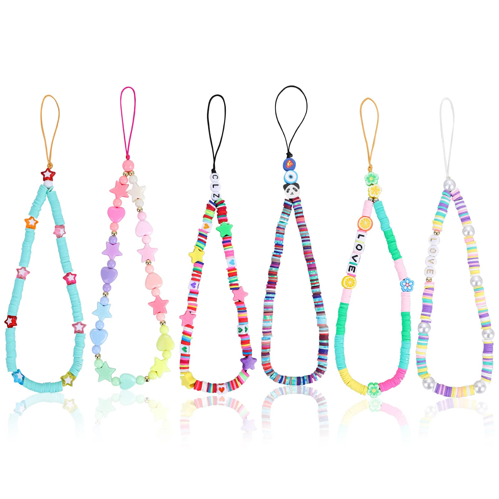 Sibba Beaded Phone Charm Mobile Lanyard Anti-Lost Key Chain Wristlet Bracelet Rainbow Smiling Face Fruit Star Letters Wrist Strap Handmade Acrylic Clay Beads Cell Case Decoration (6 PCS Set B)